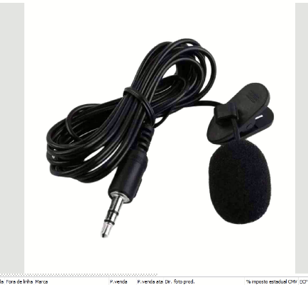 Microfone de lapela preto com fio, presilha e espuma protetora
